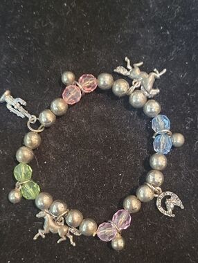 Silver Horse Charm Beaded Bracelet with Pastel Crystal Accents